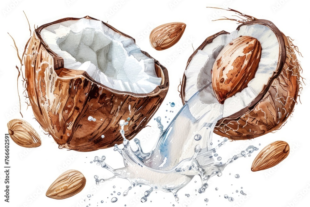 Poster Fresh milk pouring out of a coconut. Suitable for food and beverage industry