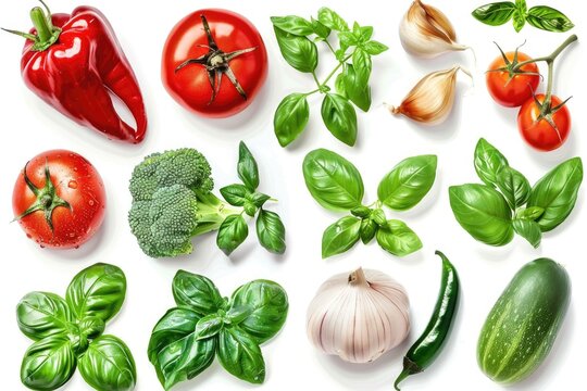 Various vegetables and herbs displayed on a white background, perfect for food and cooking concepts