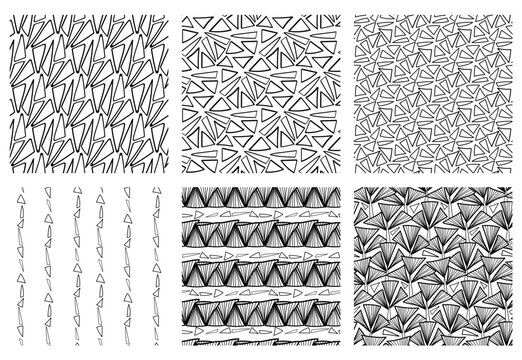 Abstract seamless pattern black and white collection, hand drawn geometry kaleidoscope elements vector background for coloring book, scrapbook paper.