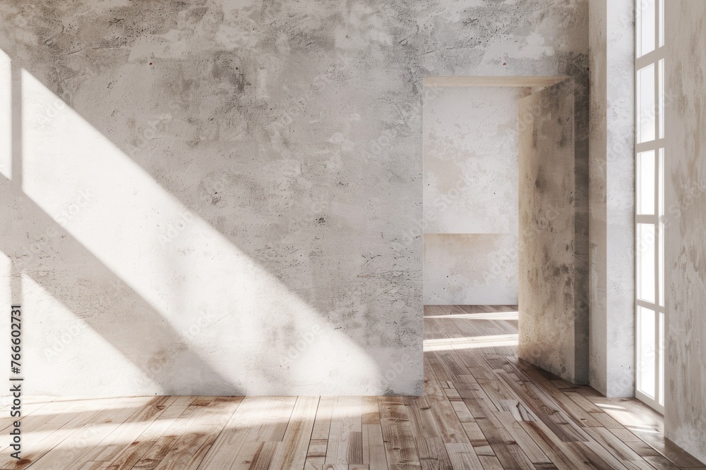 Poster a simple room with wooden floor and large windows. ideal for interior design concepts