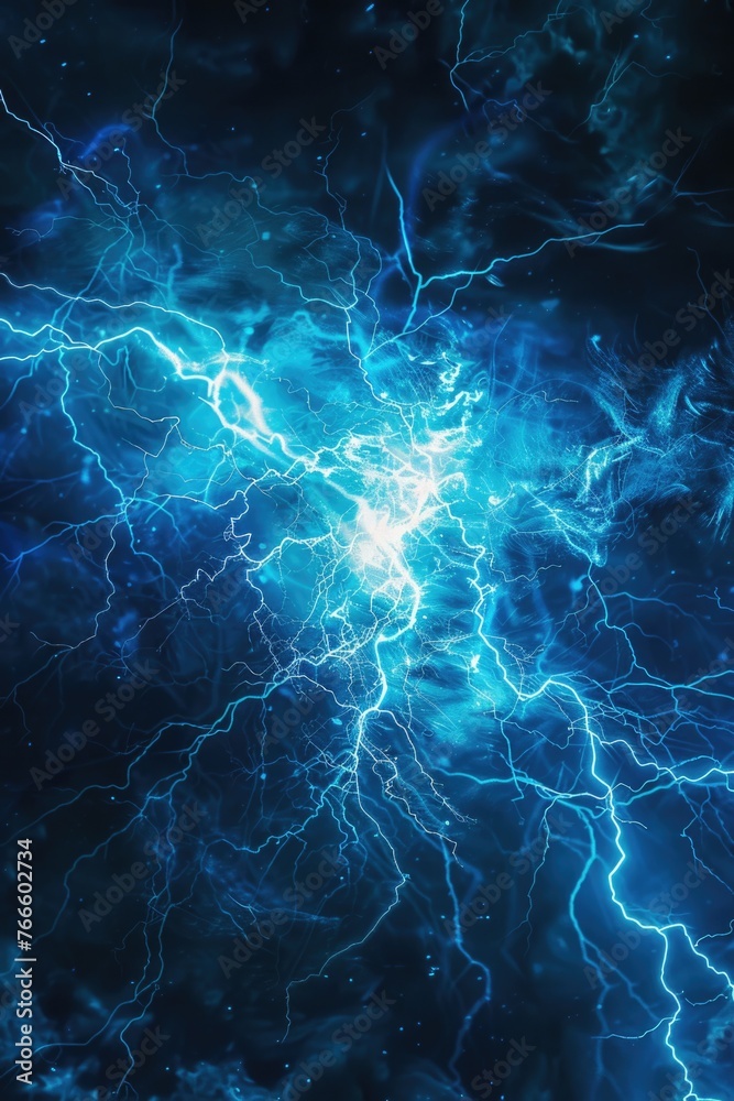 Poster Dramatic blue and black background with lightning and clouds. Perfect for adding tension to design projects