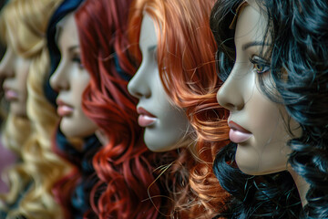 Different colors of wigs on mannequin heads in fashion store - obrazy, fototapety, plakaty