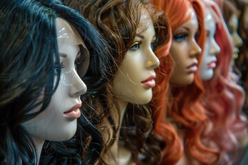 Different colors of wigs on mannequin heads in fashion store - obrazy, fototapety, plakaty