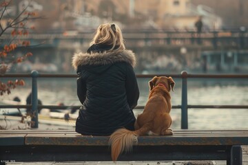 A woman sitting on a bench with her loyal dog. Perfect for pet lovers - obrazy, fototapety, plakaty