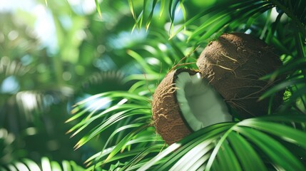Detailed view of a ripe coconut on a tree. Suitable for tropical themes - obrazy, fototapety, plakaty