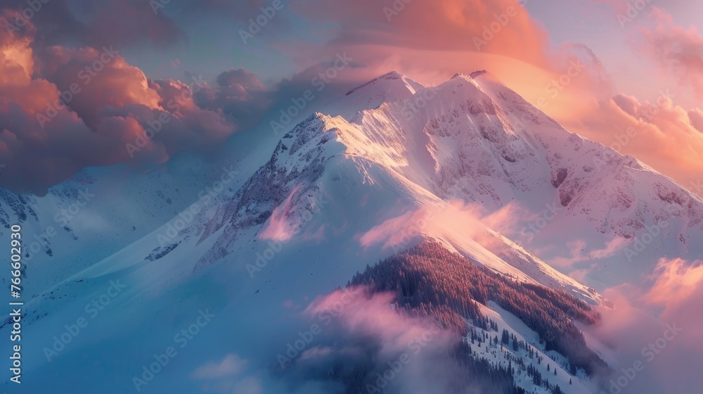 Aufkleber a mountain covered in snow and clouds, under a cloudy sky. ideal for travel and nature concepts