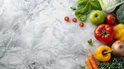 Fresh vegetables on white grunge background, top view