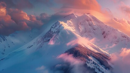 A mountain covered in snow and clouds, under a cloudy sky. Ideal for travel and nature concepts - obrazy, fototapety, plakaty