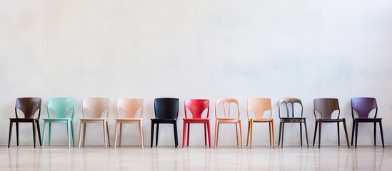 A group of chairs placed in a straight line within a room setting, showing a neat and organized arrangement