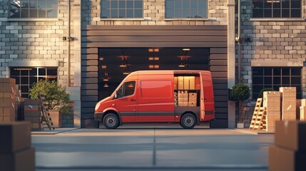 Outside of Logistics Warehouse with Open Door, Delivery Van Loaded with Cardboard Boxes. Truck Delivering Online Orders, Purchases, E-Commerce Goods, Wholesale Merchandise. - obrazy, fototapety, plakaty
