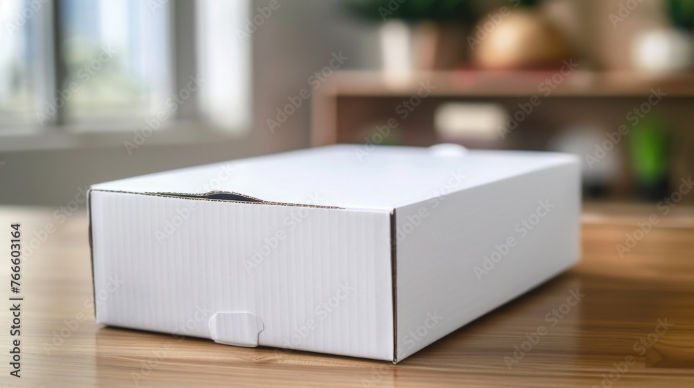 Poster a white box placed on a wooden table, suitable for various concepts