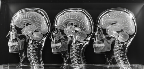 Three brain models in black and white, suitable for educational purposes - obrazy, fototapety, plakaty