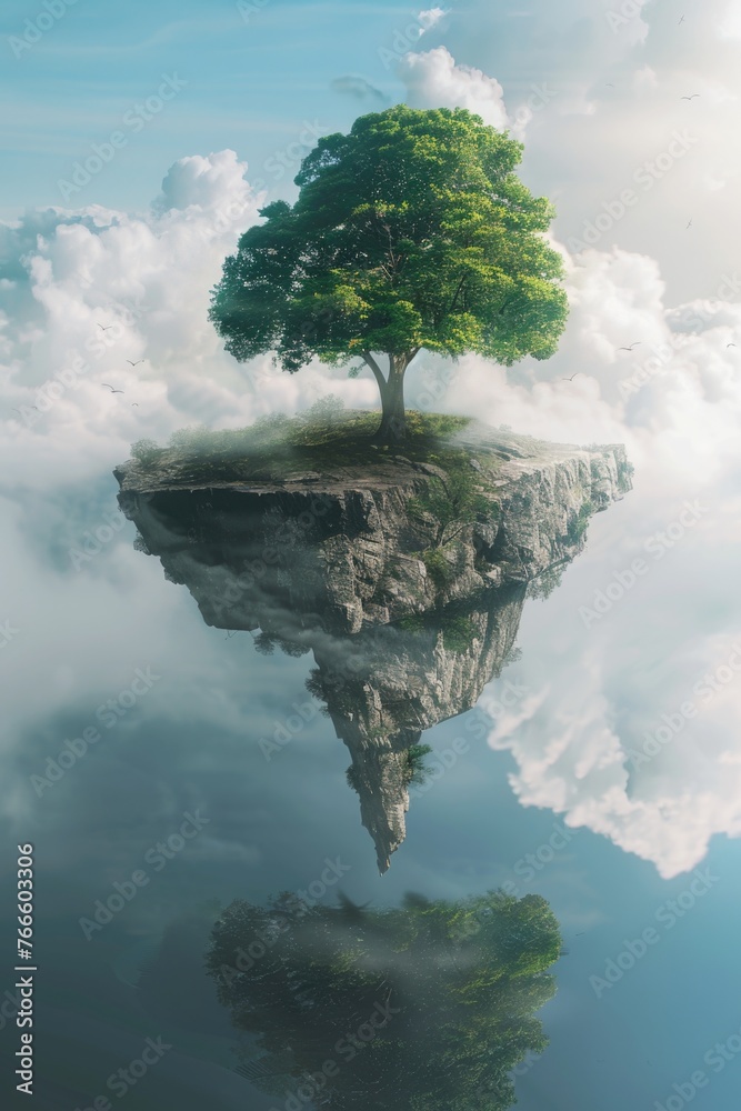 Aufkleber A tree standing on a floating island in the sky. Perfect for fantasy concepts