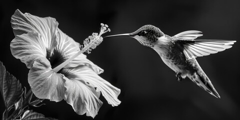 A black and white photo of a hummingbird feeding on a flower. Suitable for nature and wildlife themes - Powered by Adobe