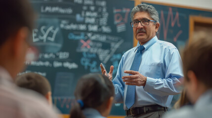A seasoned educator discusses complex topics with students in front of a chalkboard filled with formulas.