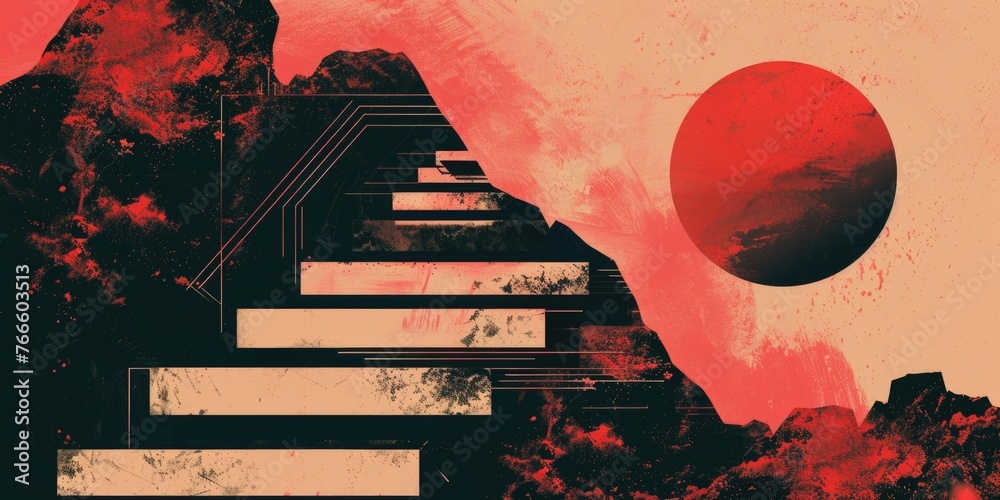 Poster a painting of a stairway leading to a mysterious red planet. suitable for science fiction themed pro