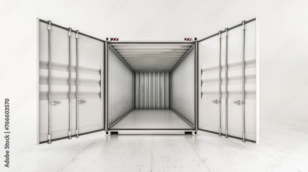 Poster A large open container on a white floor, suitable for industrial and minimalist design concepts
