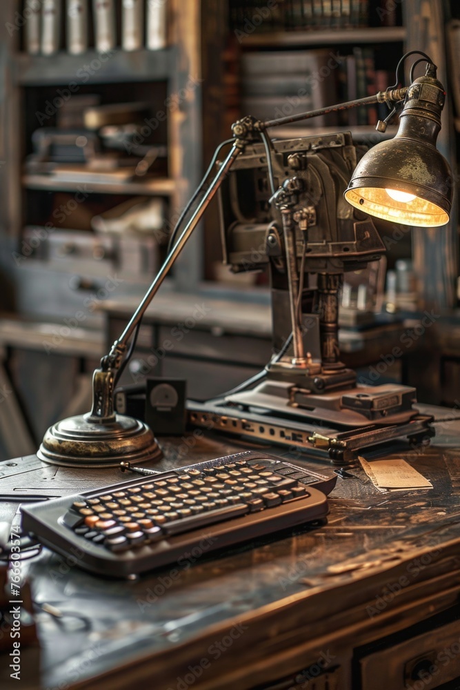 Aufkleber a desk with a keyboard and a lamp, suitable for office or technology concepts