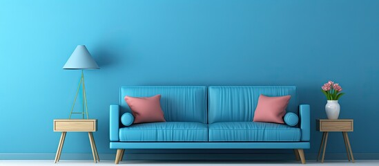 An interior setting featuring a blue sofa, a coffee table, and a lamp in a room