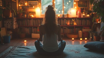 A serene home yoga setup with a woman meditating, surrounded by books, candles, and the warm glow of evening light.