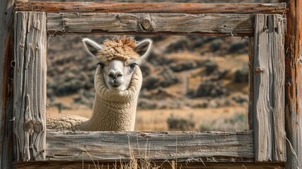 Naklejka premium A llama peering through a wooden frame in a field. Suitable for animal and nature concepts