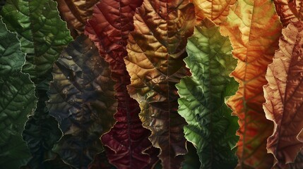 Autumn’s Palette: A close-up view of a variety of leaves in the peak of fall transformation.