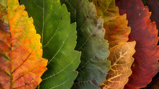 Autumn’s Palette: A close-up view of a variety of leaves in the peak of fall transformation.