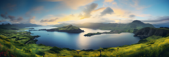 Panoramic Splendor: A Majestic View of the Azores Archipelago at Sunset
