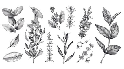 Various types of leaves and flowers, perfect for botanical designs