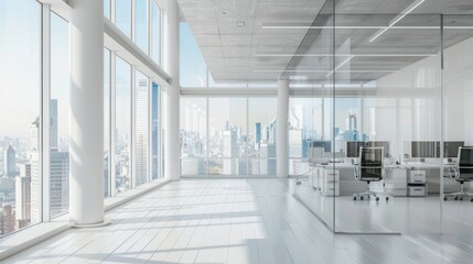 Modern open space modern bright glass office interior design with white wall. AI generated image