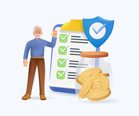 3D Pension scheme isolated concept vector illustration. Pension fund, retirement plan, employee money, old businessman, piggy bank, glass jar, workers earnings, finance adviser 3D vector concept