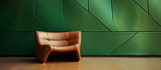 A close-up image featuring a chair positioned in front of a vibrant green wall