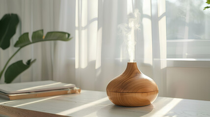 wooden Aroma lamp on white wooden table in white room - obrazy, fototapety, plakaty