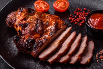Fresh juicy delicious beef steak on a dark background