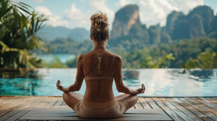 Portrait of beautiful woman does yoga in Thailand on the terrace