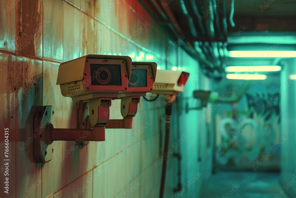 Poster a row of surveillance cameras mounted on a wall. perfect for security concepts