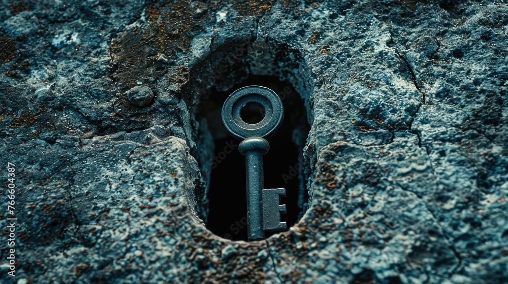 Poster A key sticking out of a hole in a rock. Suitable for concepts related to discovery and mystery