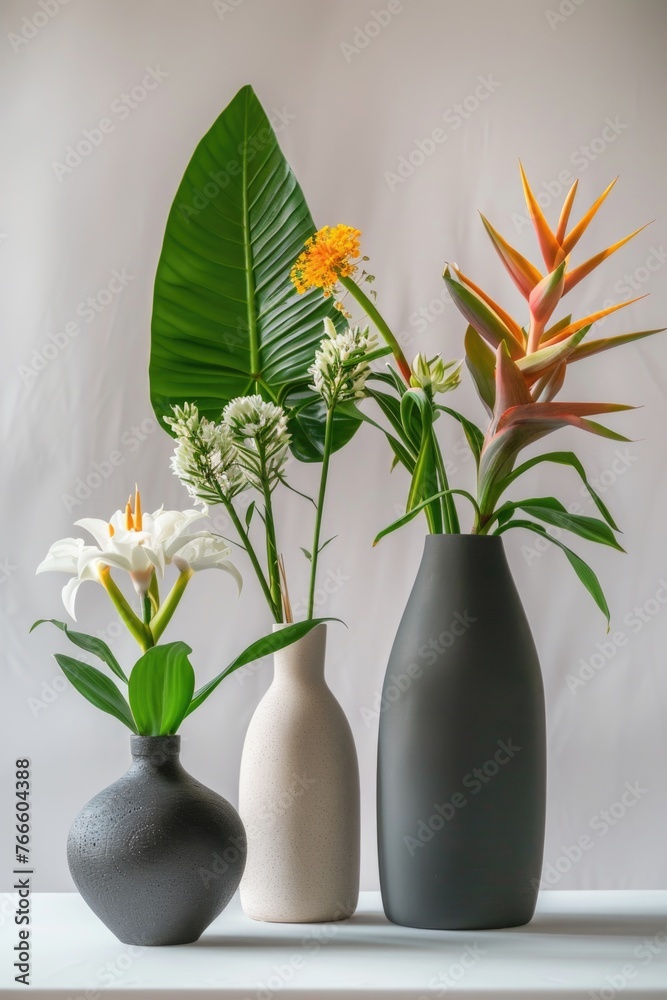 Poster Three vases with different types of flowers, suitable for various occasions