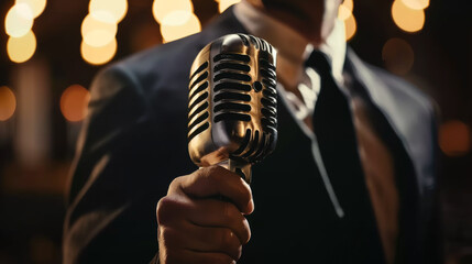 A man in a suit holding a microphone