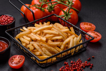 Delicious crispy golden fries with salt and spices - 766604356