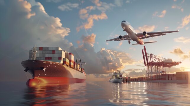 System transport and logistics of truk container cargo ship and cargo plane. 3d rendering and illustration.