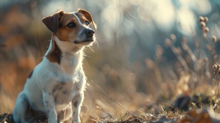 A brown and white dog sitting on top of a grass covered field. Ideal for pet and nature themes