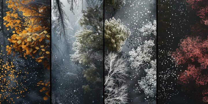 A collection of four photos featuring trees covered in snow. Perfect for winter-themed projects