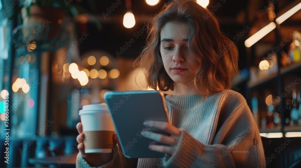 Aufkleber Woman sitting at a table using a tablet computer. Suitable for technology and lifestyle concepts