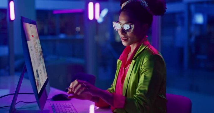 Neon, business and thinking with woman, computer and internet with brainstorming and online reading. Person, copywriter and web developer with pc and ideas with startup and technology with creativity