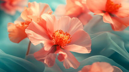 A floral print, the ethereal beauty of blooming flowers, their delicate petals adorned in vibrant colors. Against a soft, dreamy background, these blossoms evoke a sense of serenity and tranquility. - obrazy, fototapety, plakaty
