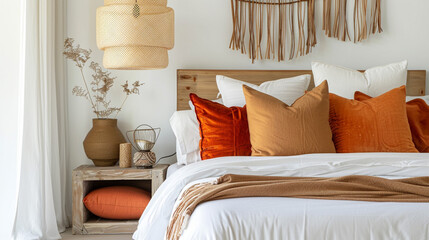 Brown and orange pillows on white bed