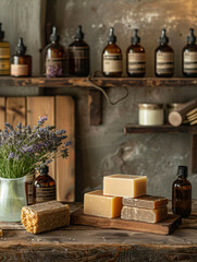 Handcrafted soap bars on wooden counter with essential oil bottles. Handmade natural cosmetics retail display. Design for interior shop, product placement. Warm lighting and rustic vibe