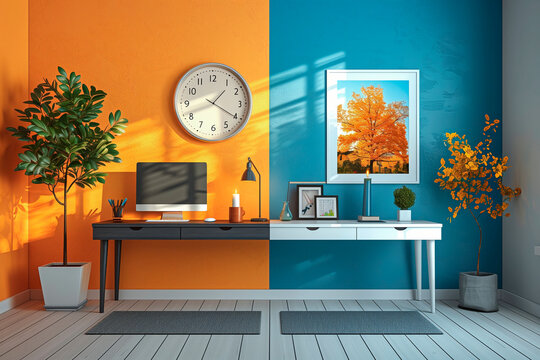A modern home office design with a lively contrast of orange and blue walls, complemented by indoor plants and an autumn-themed framed picture.