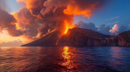 Stromboli, a volcano, is part of the Aeolian Islands. - obrazy, fototapety, plakaty